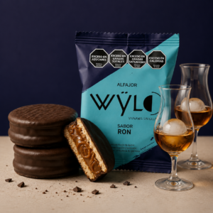 ALFAJOR WŸLO · CHOCOLATE NEGRO · DULCE DE LECHE SABOR RON